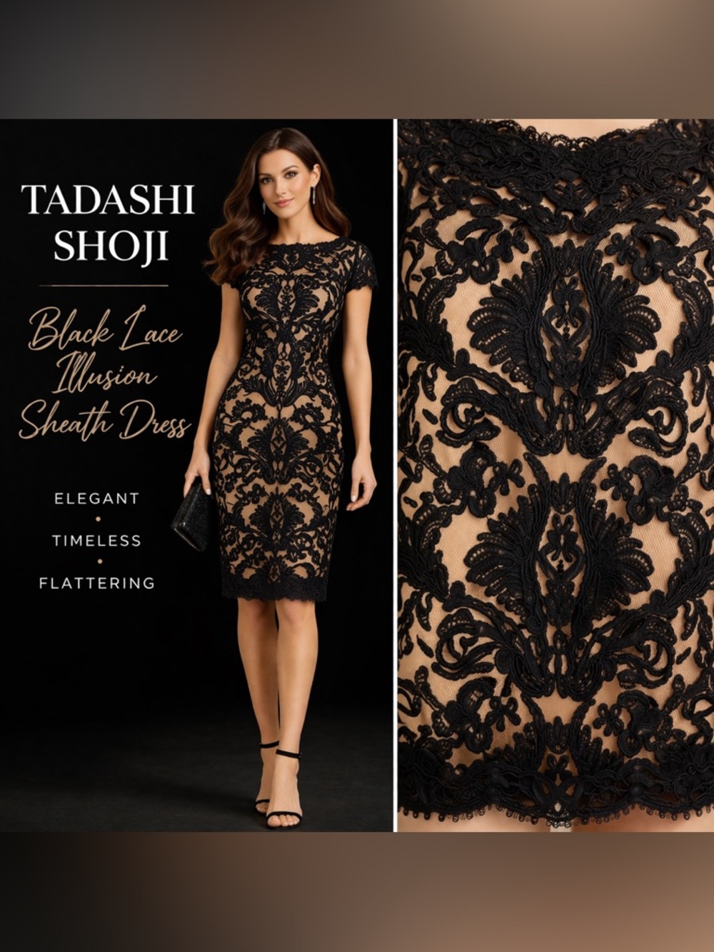 Tadashi Shoji Black Lace Sheath Dress Nude Illusion Wedding Guest Cocktail Sz 10